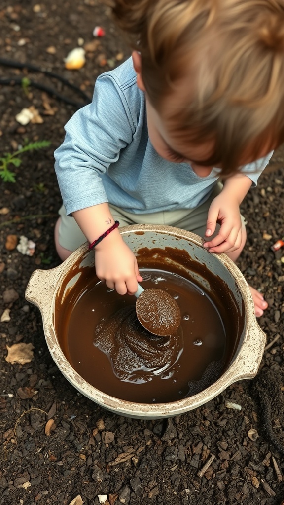 A child stirring a pot of mud in a mud kitchen