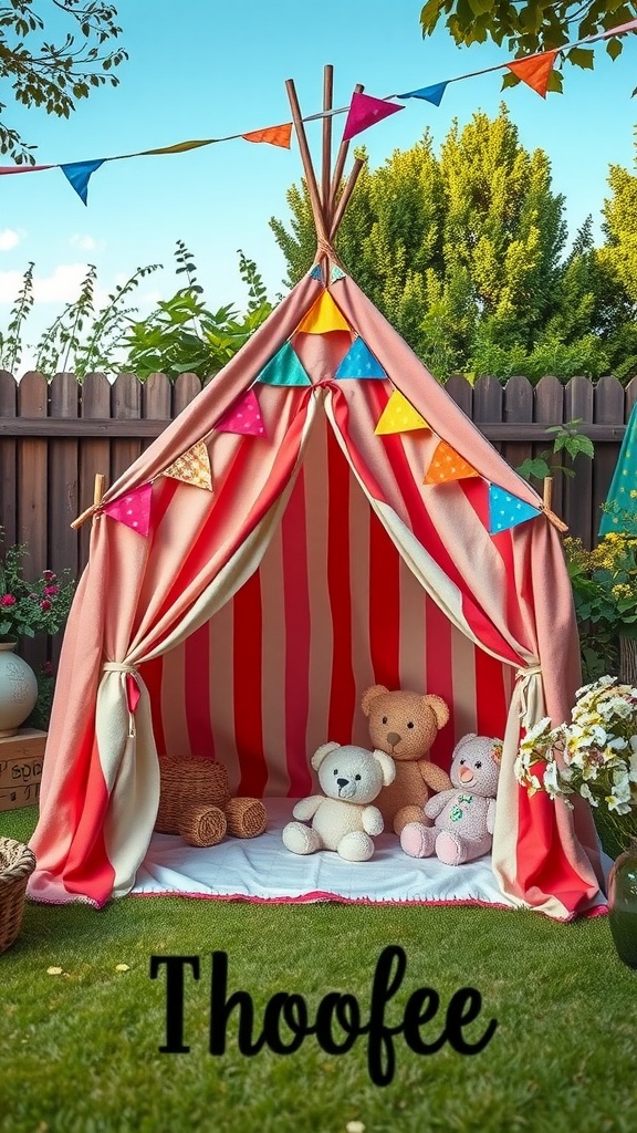 A colorful striped tent playhouse with plush toys inside, set in a garden.