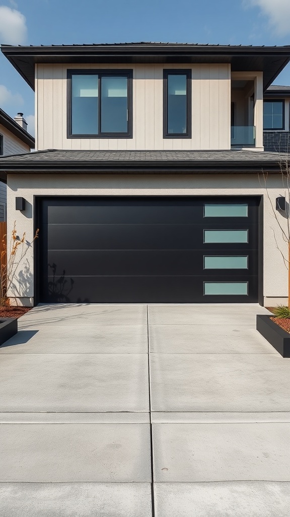 A modern house featuring a sleek black garage door with glass panels.