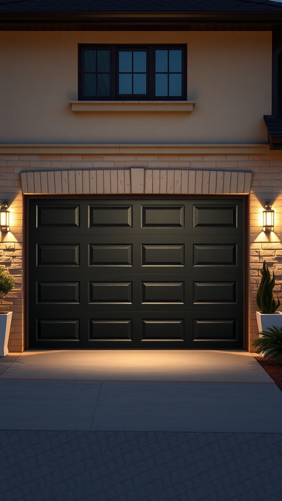 A sleek black garage door with modern design and side lighting.