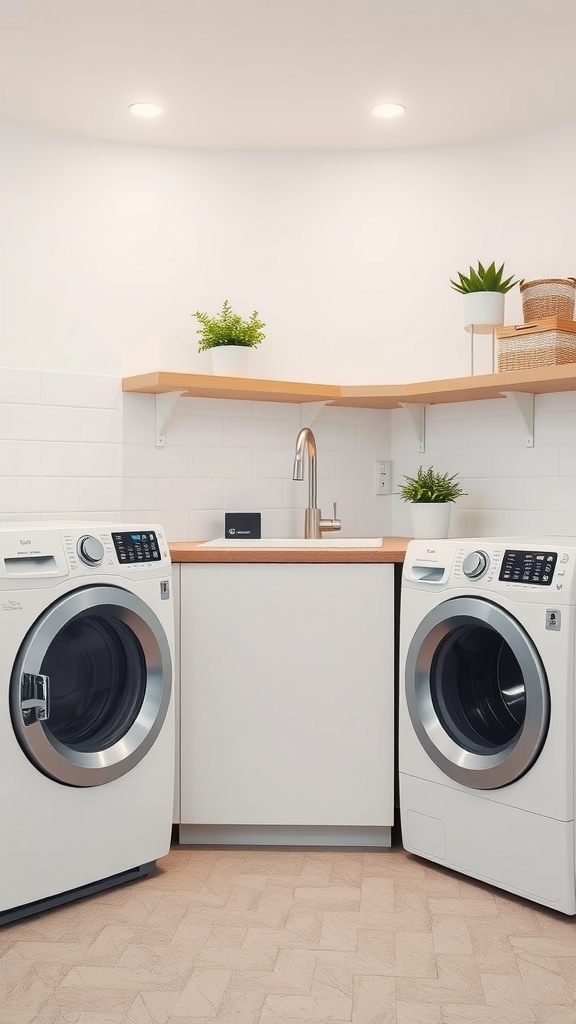 Modern laundry room with sleek appliances, wooden shelves, and plants.