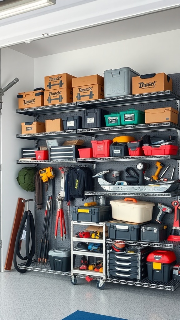 A well-organized garage with sleek metal shelving units displaying various storage boxes and tools.