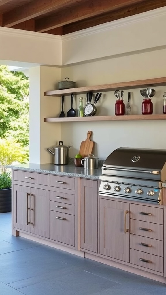 Sleek outdoor kitchen featuring modern cabinets, grill, and organized shelves