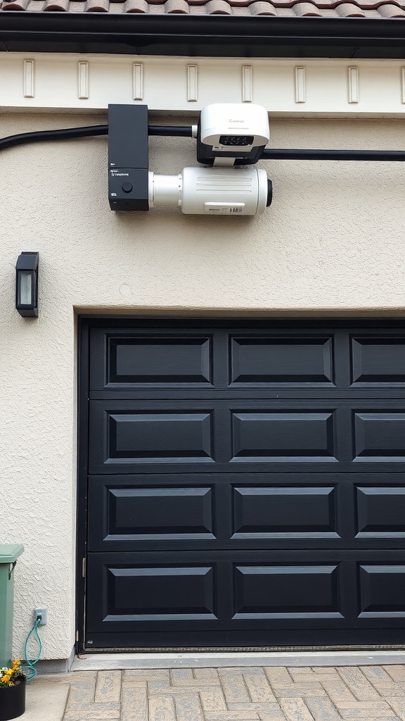 A smart black garage door with an automatic opener mounted on the wall.