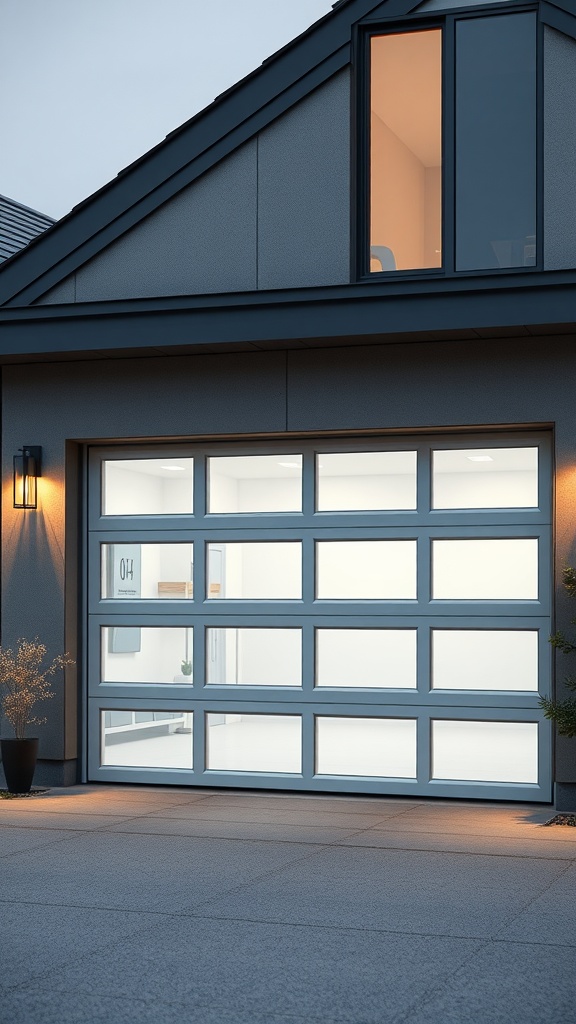 A modern garage door with large glass panels, showcasing a sleek design and bright interior.