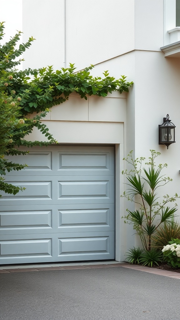 A light gray garage door with vertical panels, surrounded by greenery and a white wall.