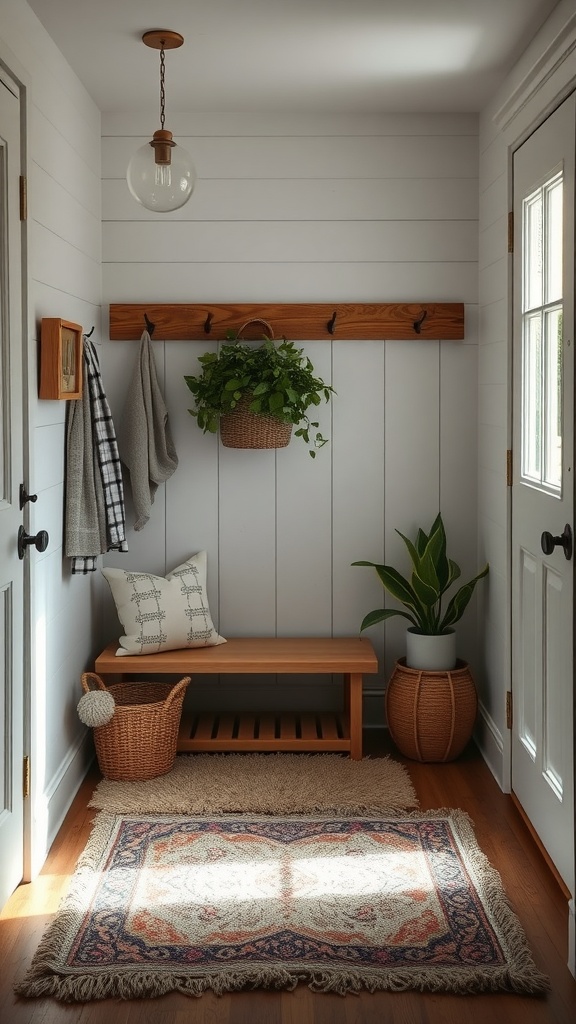 A cozy mudroom featuring soft rugs, wooden bench, and plants.