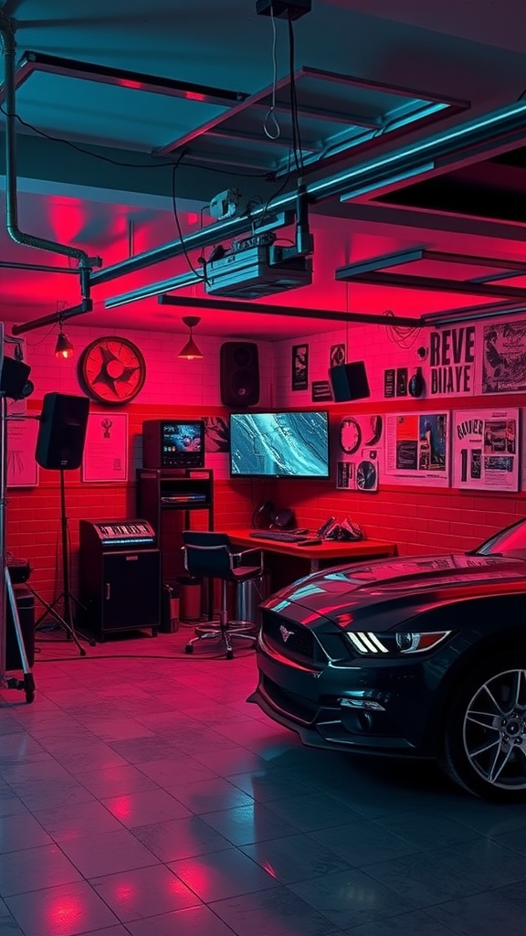 A stylish garage lounge featuring integrated sound system, mood lighting, and a sleek car.