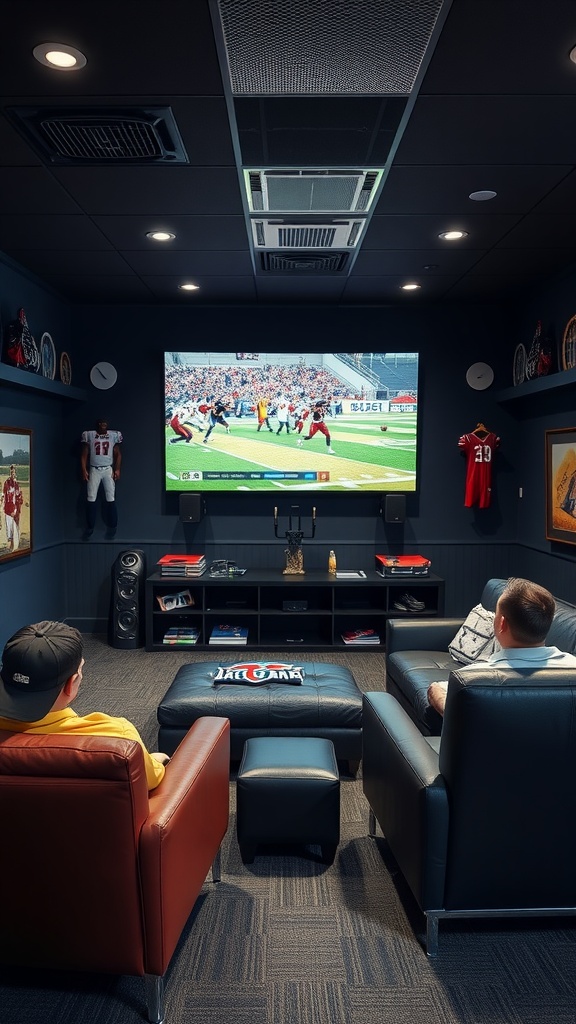 A cozy sports viewing room featuring two friends watching a football game on a large screen, decorated with team jerseys and memorabilia.