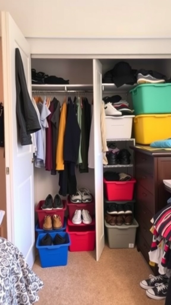 A closet filled with stackable bins in various colors, organized shoes, and clothes on hangers.