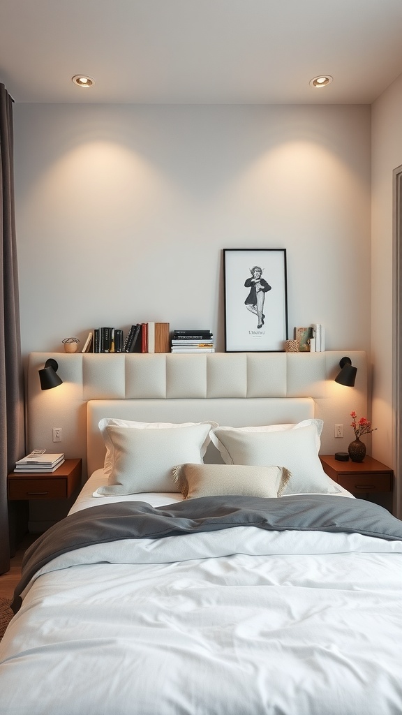 Cozy bedroom featuring a stylish storage headboard with books and decor items arranged neatly on the shelf.