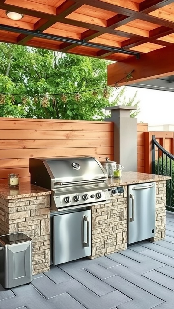 Modern outdoor barbecue station with stainless steel grill and stone counter.