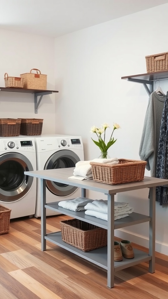 Stylish laundry room with a folding station, shelves, and baskets.