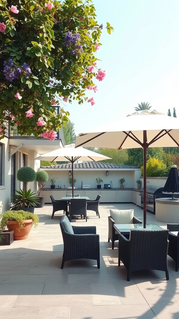 A stylish patio with umbrella shades, comfortable seating, and vibrant plants.