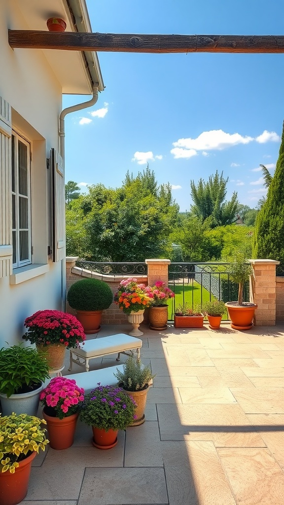 A sun-drenched terrace adorned with colorful potted flowers, creating a charming outdoor space.