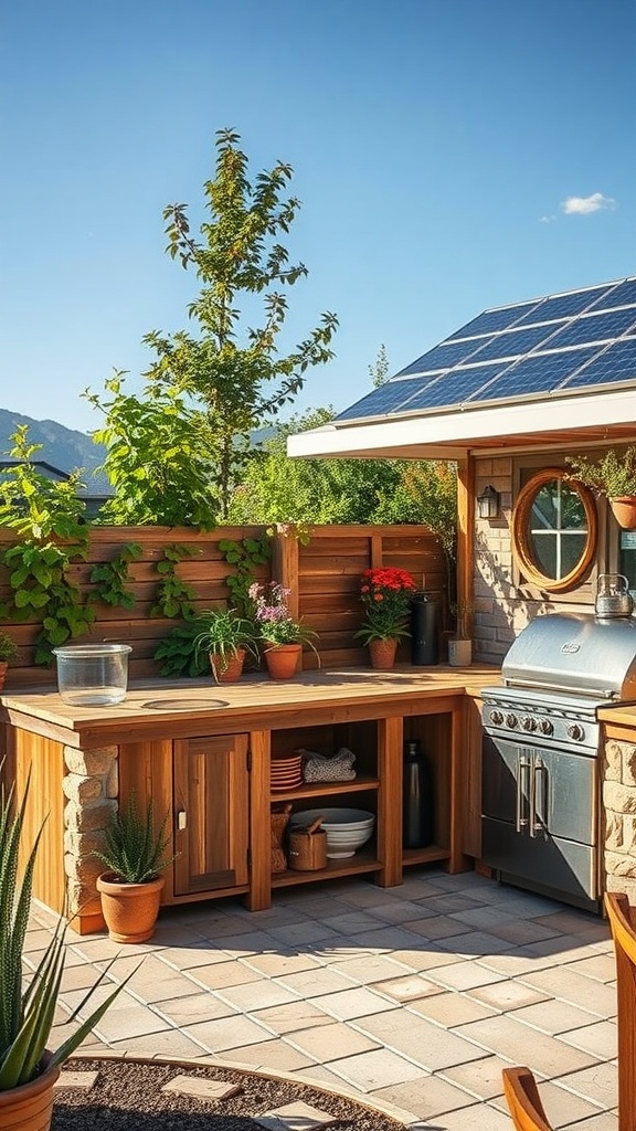 Sustainable outdoor kitchen featuring a stone countertop, solar panels, and potted plants.