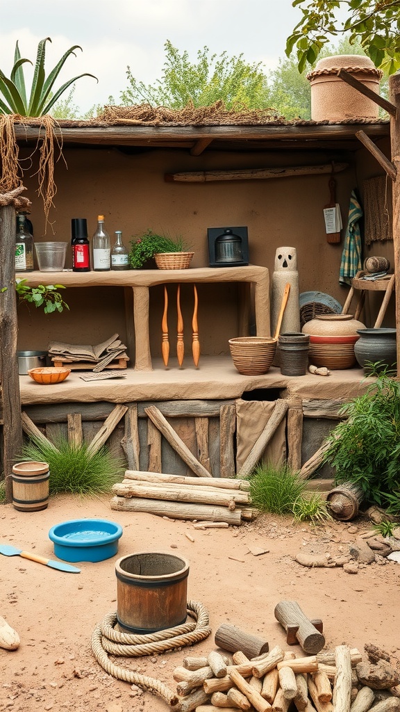 A sustainable mud kitchen setup with natural materials and tools for kids.