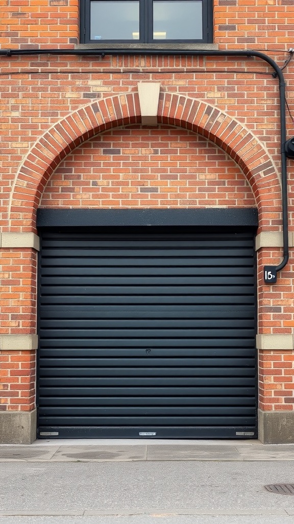 Textured black steel garage door with a brick wall background