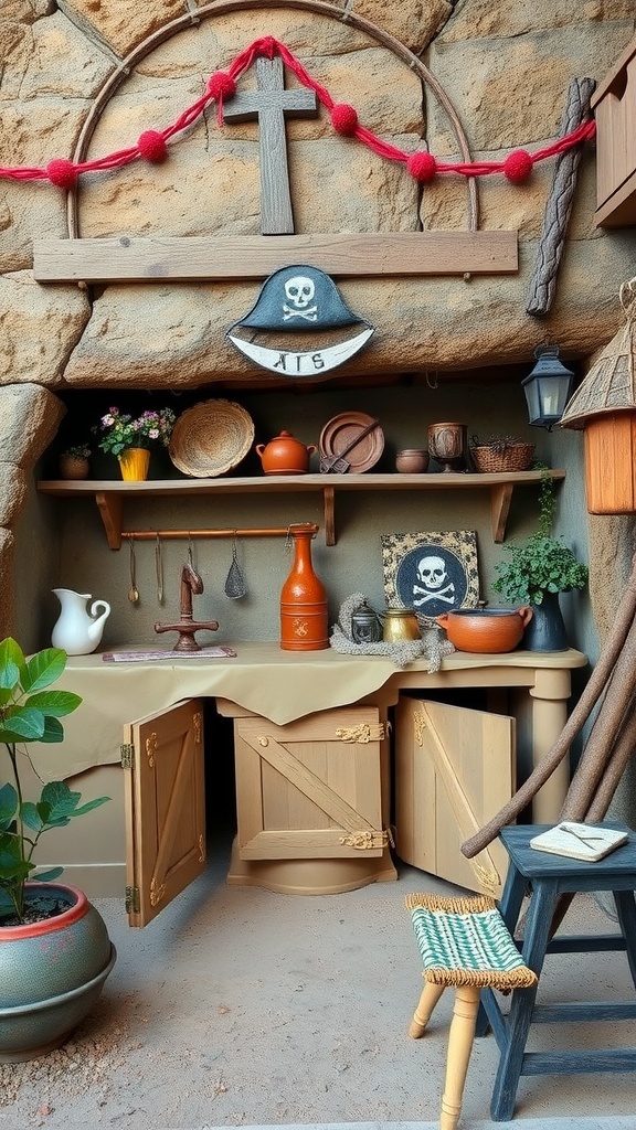 A themed mud kitchen designed like a pirate's den, featuring rustic shelves, pirate decorations, and various cooking utensils.