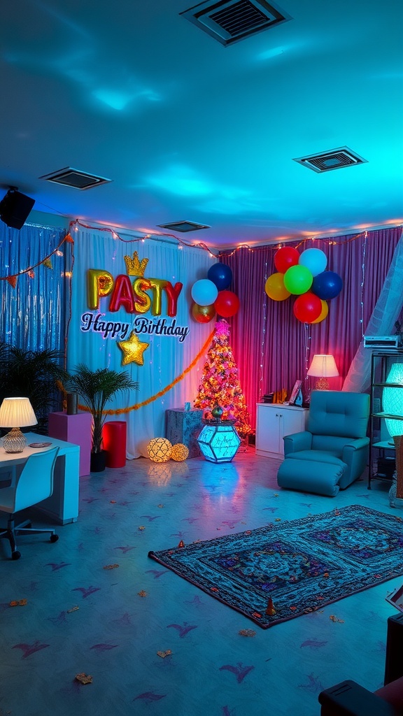 A colorful themed party room with balloons, a happy birthday banner, and festive lighting.