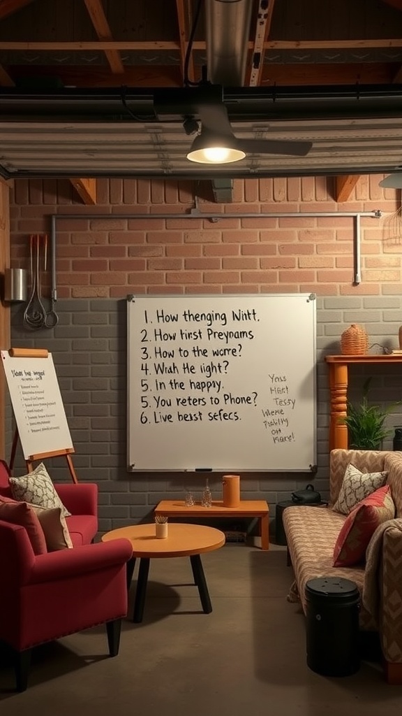 A cozy garage with trivia questions on a whiteboard, showcasing a fun hangout setup.
