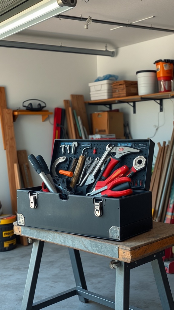A portable toolbox filled with various tools, placed on a wooden table in a garage setting.
