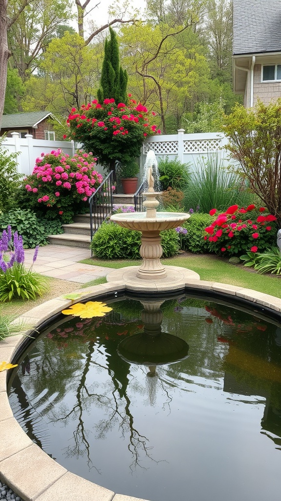 A serene backyard with a fountain and colorful flowers, reflecting tranquility.
