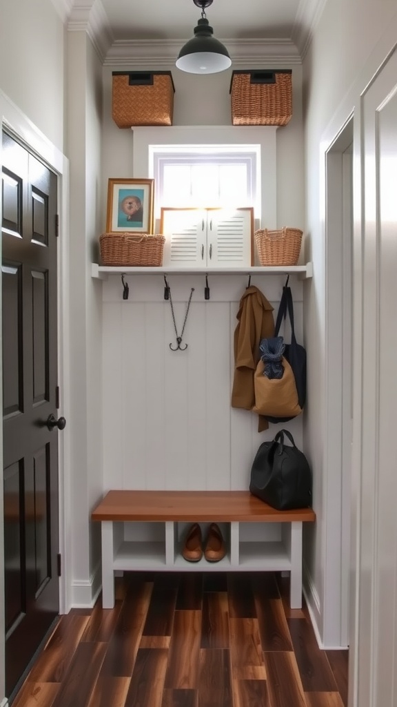 A mudroom corner featuring baskets on a shelf, a bench with shoe storage, and hooks for hanging bags and coats.