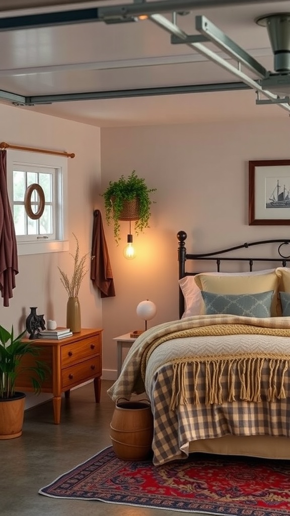 A cozy guest suite in a garage, featuring a bed with warm bedding, plants, and soft lighting.