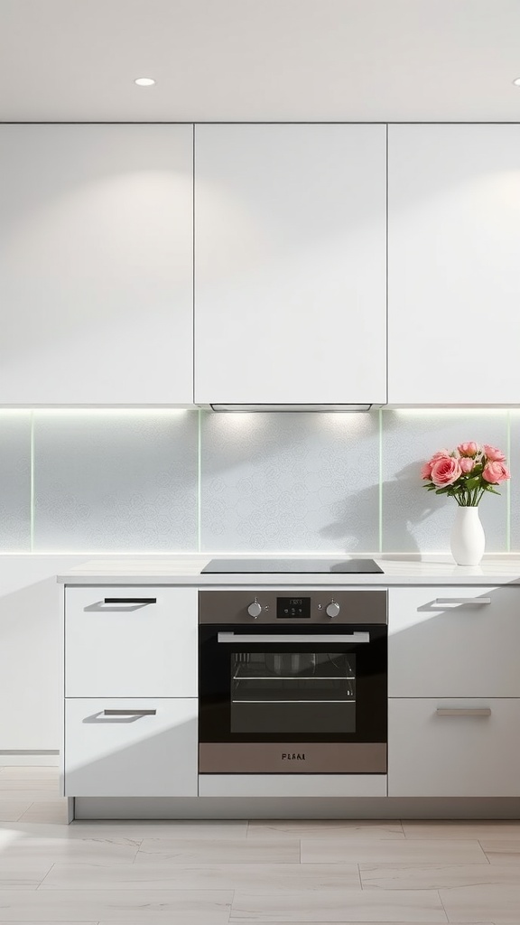 Modern kitchen with translucent backsplash panels and under-cabinet lighting
