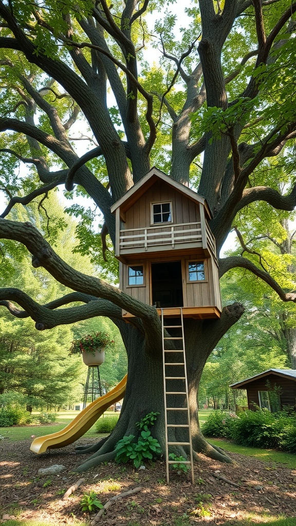 A wooden treehouse built in a large tree with a slide beside it, surrounded by greenery.