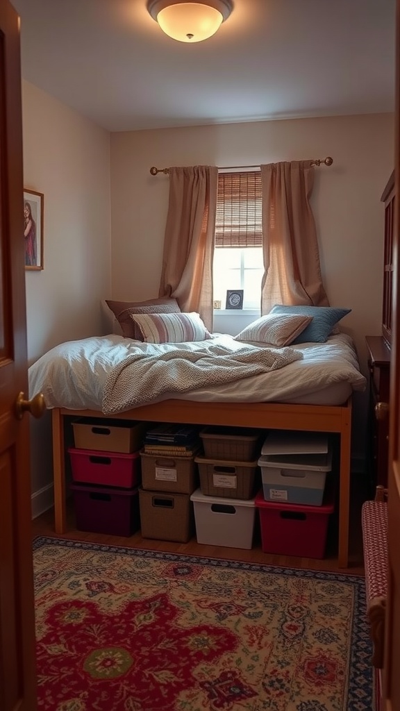 A small bedroom featuring a bed with colorful storage bins under it, maximizing space.