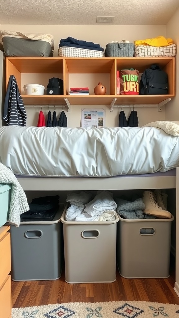 Under-bed storage solutions with bins and overhead shelves in a dorm room.