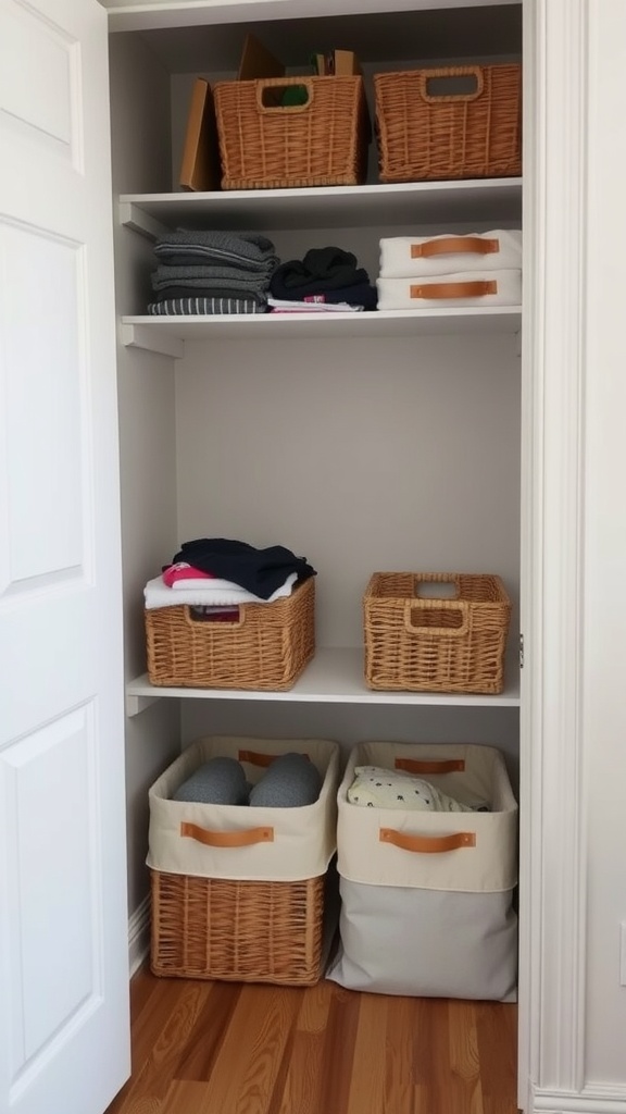 A closet with neatly organized under-shelf baskets and folded clothes.