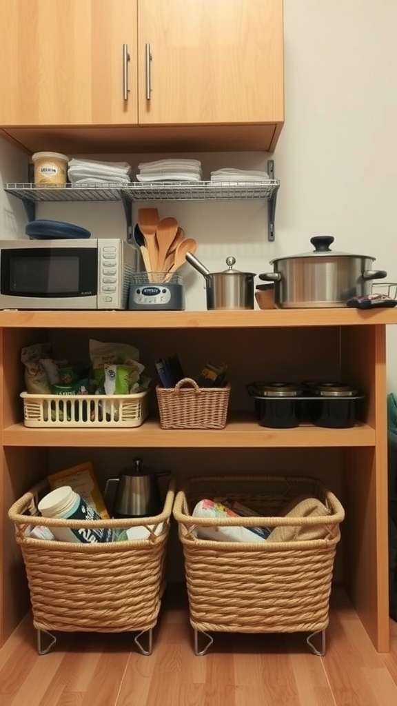 Image showing an organized kitchen space with under-shelf baskets and various kitchen items.