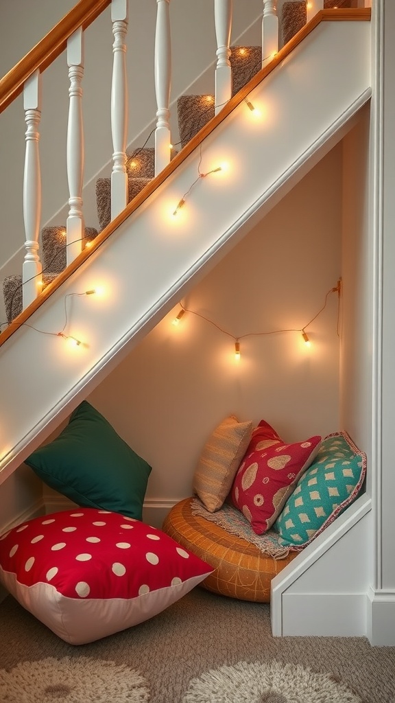 Cozy under-the-stairs play nook with colorful cushions and fairy lights