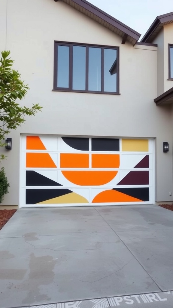 A modern garage door with unique geometric patterns in orange, black, and yellow.