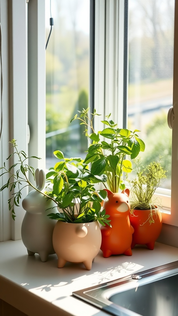 Whimsical herb planters shaped like a rabbit and a bear, with fresh herbs growing inside, on a kitchen windowsill.