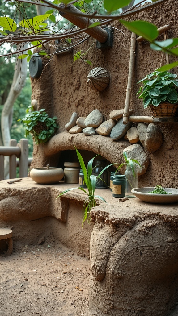 A natural mud kitchen setup with clay walls, stones, and plants.