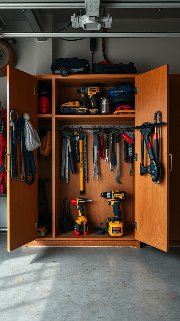 A well-organized garage cabinet with tools stored on the inside of the doors.