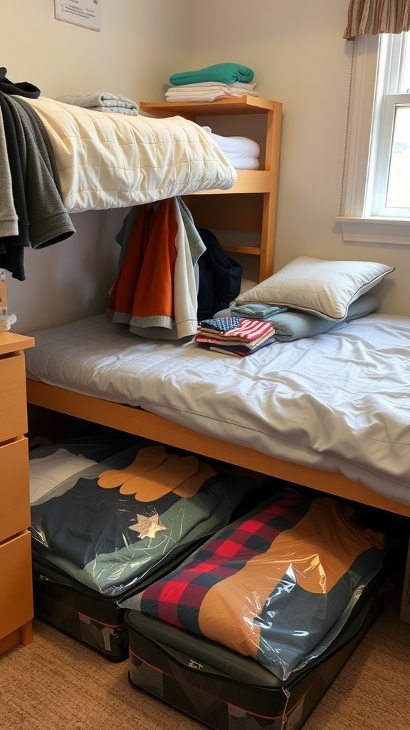 A dorm room showing vacuum-sealed storage bags under a bed with clothes and blankets neatly organized.
