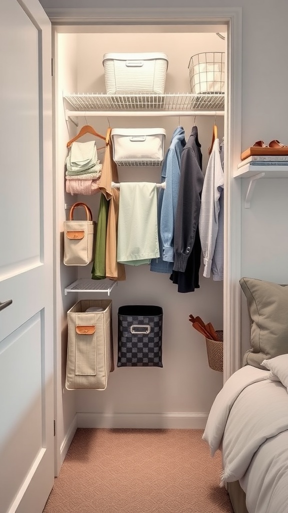 Organized closet with shelves, baskets, and hanging clothes in a small bedroom
