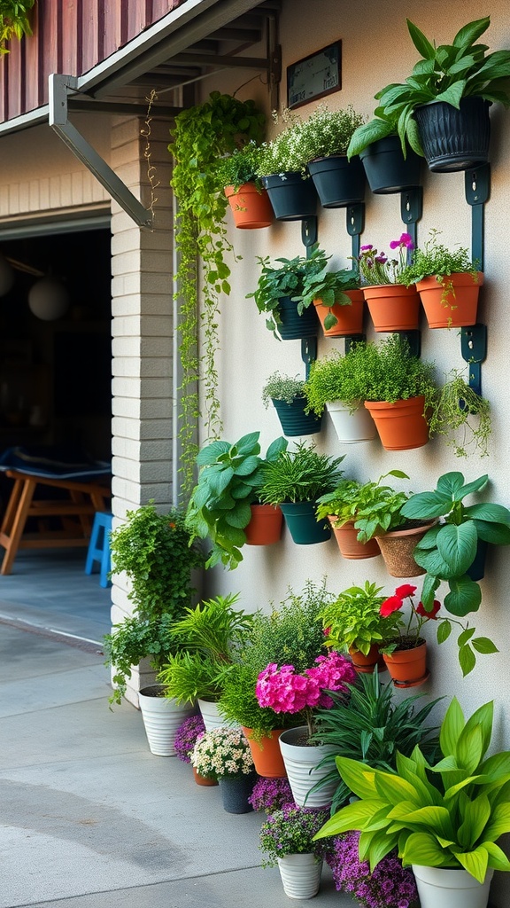 Vertical garden with colorful planters on a garage wall, featuring various plants and flowers.