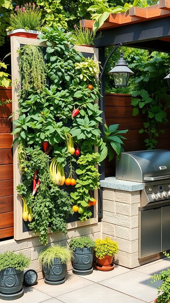 Vertical garden featuring various herbs and vegetables beside an outdoor grill.