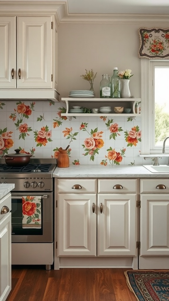 A kitchen with vintage floral tiles as a backsplash, showing white cabinets and wooden countertops.
