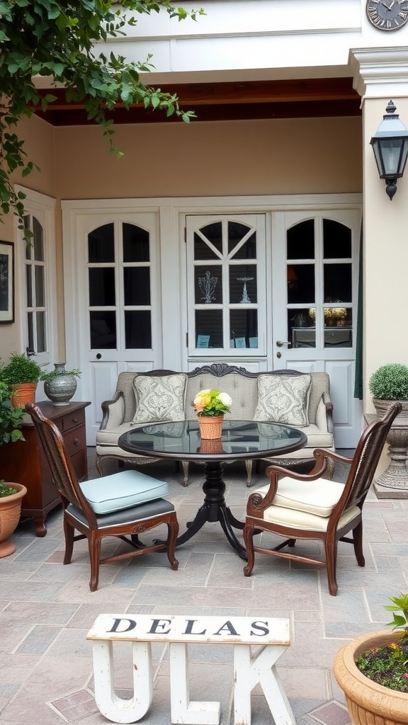 A vintage patio setup with a round glass table, upholstered chairs, and a plush sofa, creating a cozy atmosphere