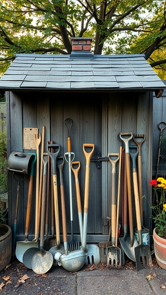 Display of vintage garden tools against a wooden shed.