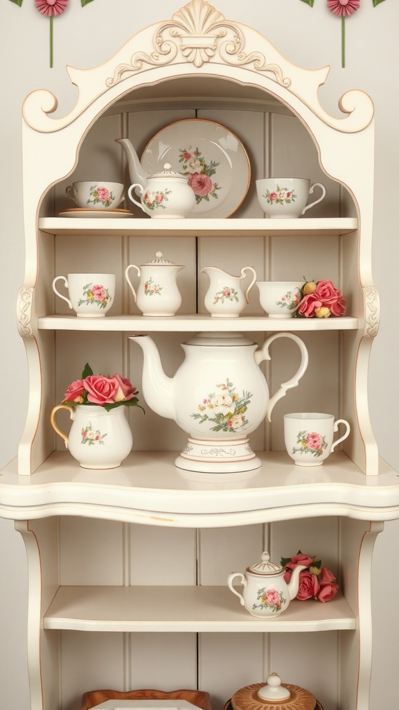 A vintage tea set displayed in a cream-colored cabinet with floral designs and fresh roses.