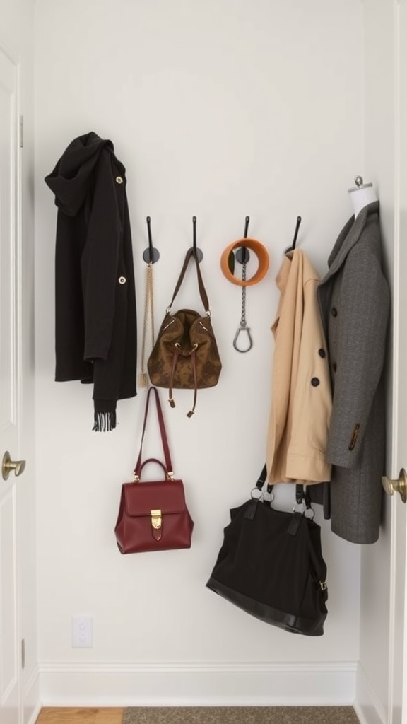 Image of a wall-mounted coat rack with various coats and bags hanging on hooks.