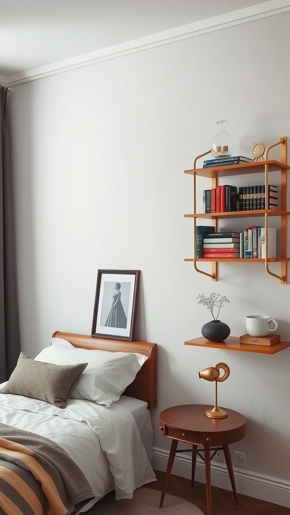 A cozy bedroom featuring wall-mounted shelves with books and decorative items.